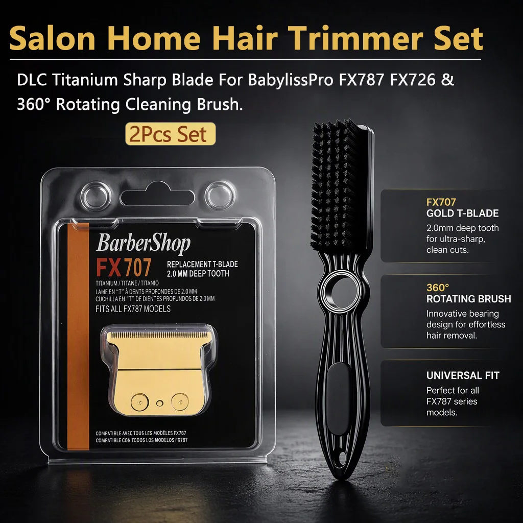 2Pcs Set Barber Accessories FX707 Replacement T Blade For BabylissPro FX787 FX726 Hair Trimmer & 360° Rotating Cleaning Brush