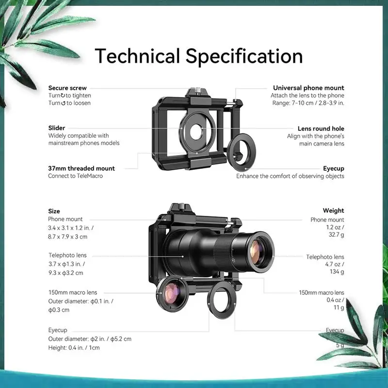 (NEW) Mobile Phone Telephoto Macro Lens Kit 6X Telephoto Lens+150Mm Macro Lens For Iphone 16/15/14 With Universal Phone Mount