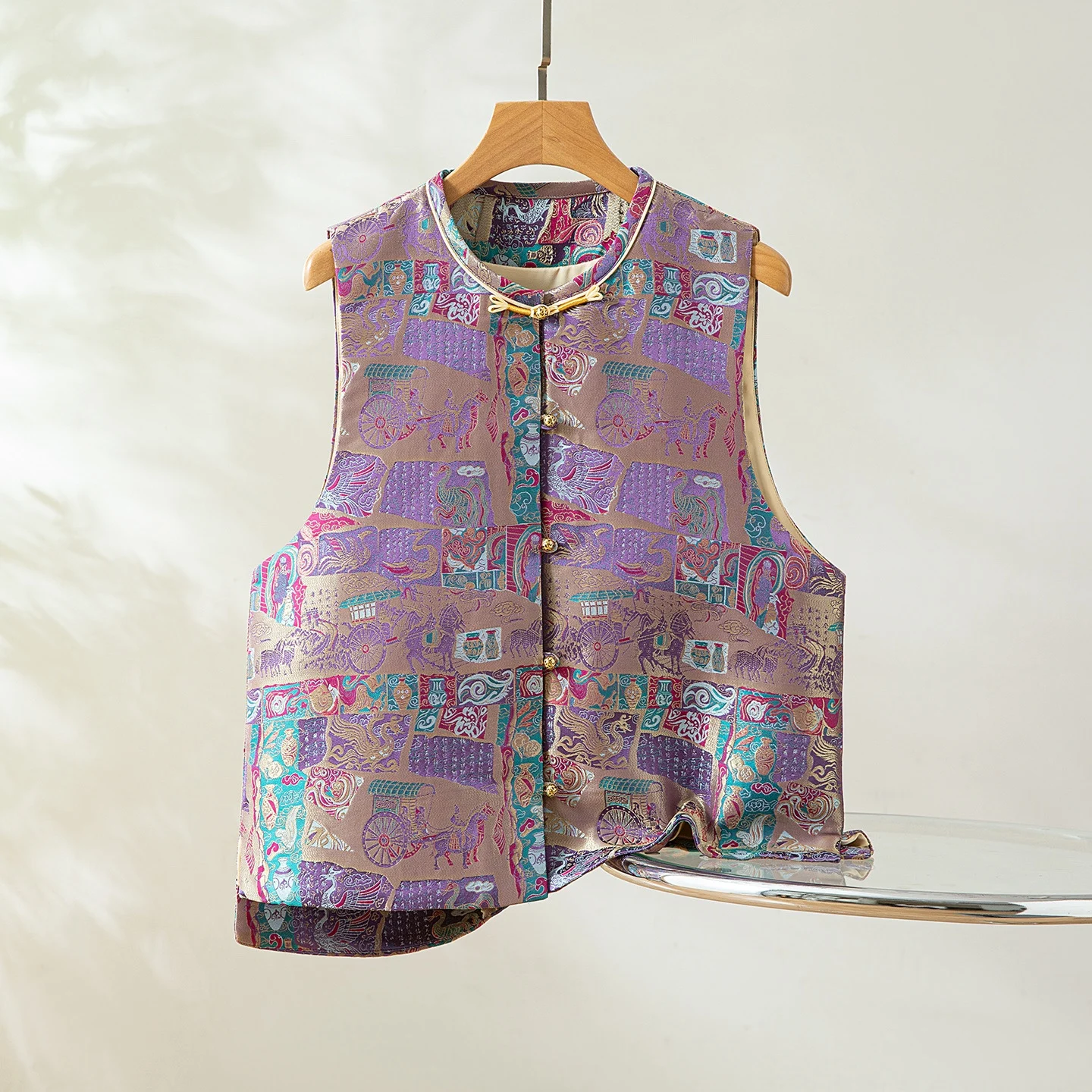 실크 탕 자수 조끼 라운드 넥 여성용 슬레 아우터웨어 전통 중국 패션 세계 여행 시리즈