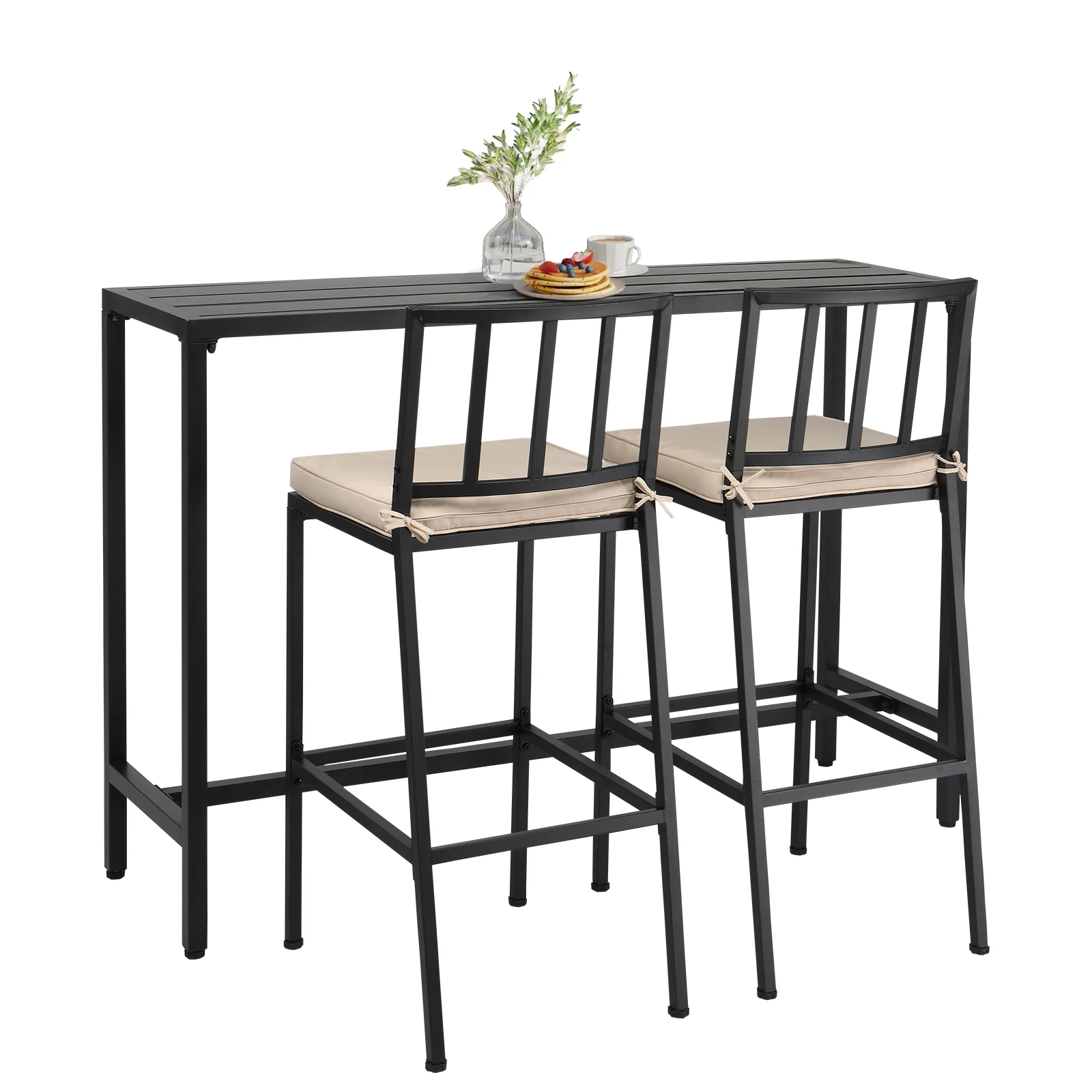 

3 Piece Outdoor Patio Bar Set, 55" Rectangular Pub Height High Top Bar Table with 2 Cushioned Bar Stools