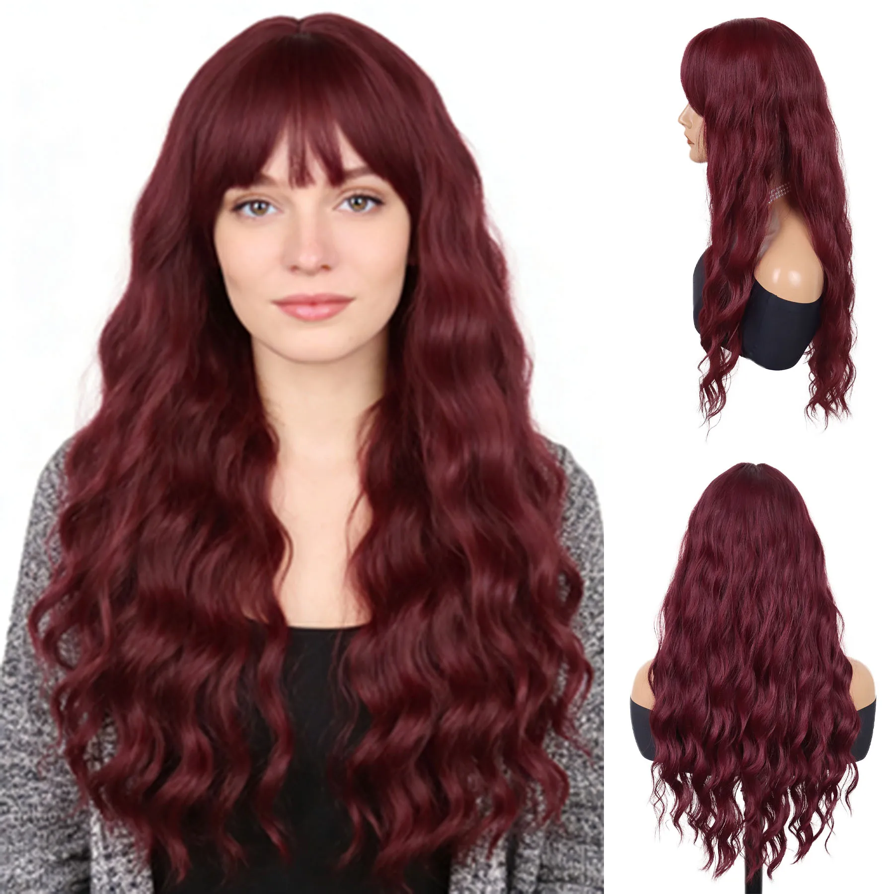 

Синтетический парик цвета каштан для женщин, многослойный парик с челкой, длинный волнистый, термостойкий, для повседневного использования, косплея, музыкальных фестивалей