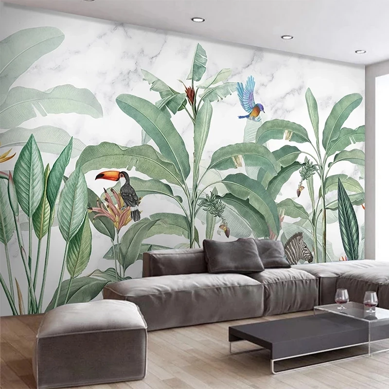 Custom 3D Mural Modern Rainforest Plant Leaf Forest Animal Wallpaper Restaurant Cafe   Living room TV background wall bedroom 8d
