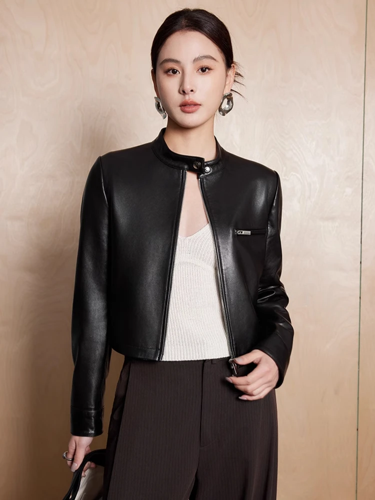 

Classic Short Genuine Leather Motorcycle Jackets for Women Simple Slim Zipper Stand Collar Soft Black Real Sheepskin Coat