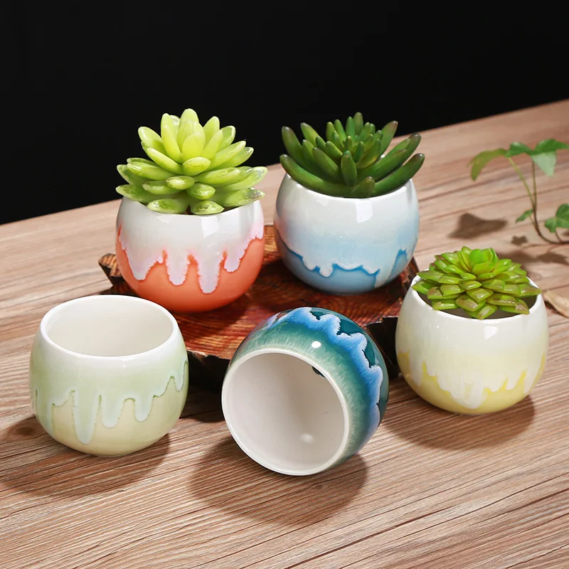 Meat Ceramic Flowerpot Coarse Pottery Flow Glaze Breathable Meat Korean Creative Flowerpot Office Decor Pot