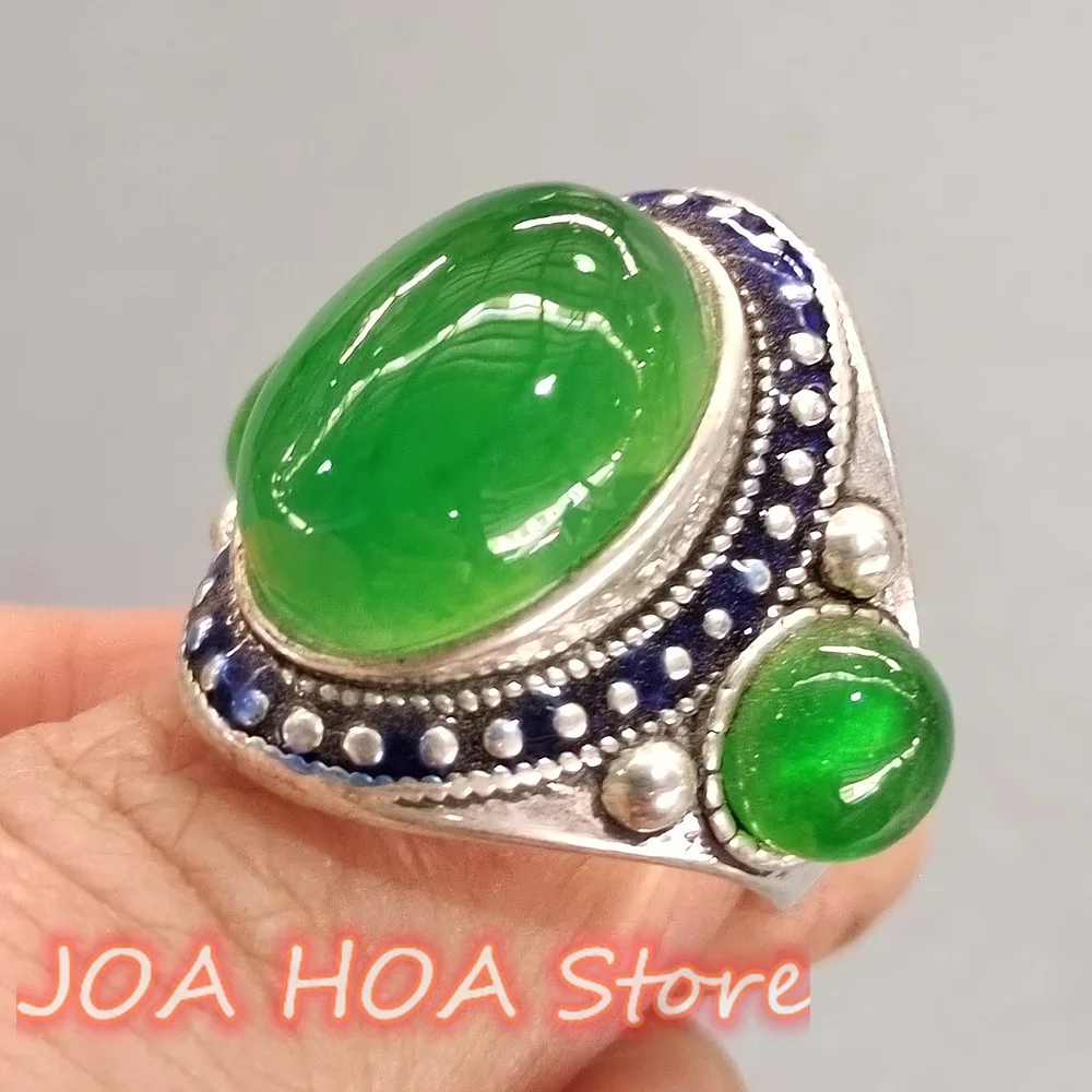 

Fashion Handring High Ice Emperor Green Jadeite Inlaid 925 Silver Three Eye Ring Natural Jade Emerald Quality Jewelry