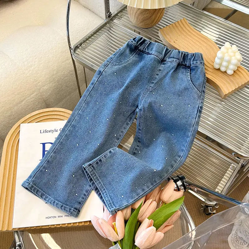 Girls' Jeans Spring Autumn Children's Fashion Exquisite Hot Diamond Shining Wide Leg Pants Long Pants Fashion Straight leg Pant