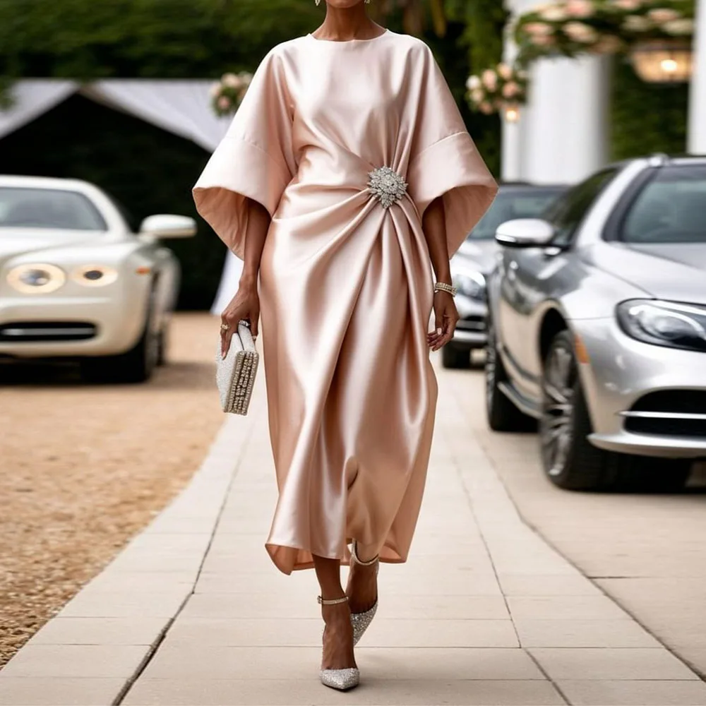 

Women's Elegant Satin Evening Prom Dress Solid Round Neck Flare Sleeve Sequin Applique Ruched Cocktail Party Female Midi Dresses