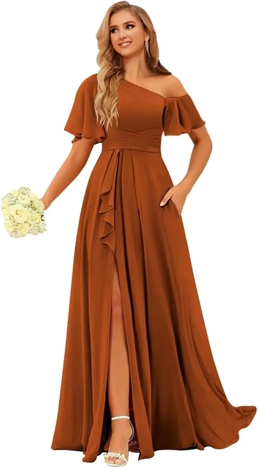 ชุดเพื่อนเจ้าสาวแบบไหล่เดียวสำหรับผู้หญิง มีกระเป๋าเสื้อ แขนสั้น ผ้าชีฟองระบาย แต่งงาน งานราตรี งานพรอม งานปาร์ตี้