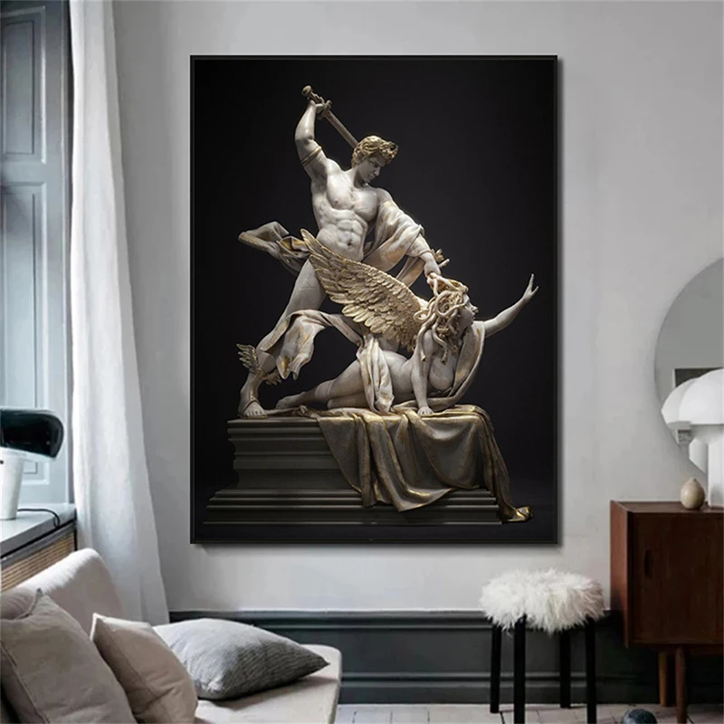 Mythology Figure Canvas Paintings Perseus with The Head of Medusa Sculpture Posters Prints Wall Art for Living Room Decor Cuadro