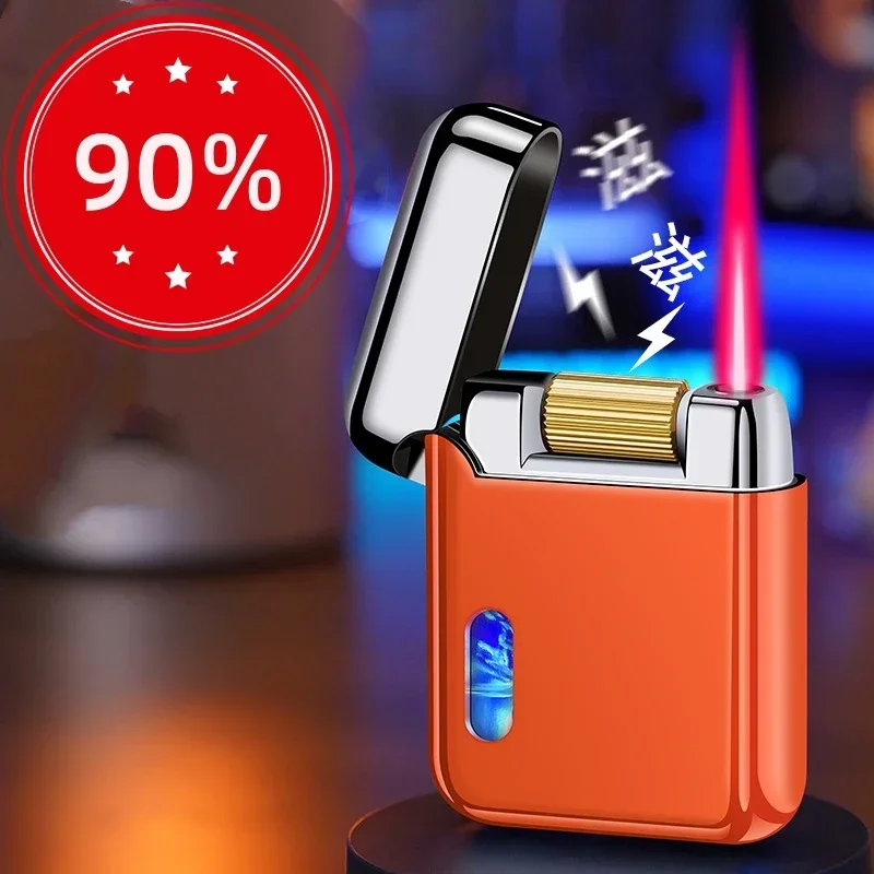 NEW Creative Windproof Roller Ignition Direct Gas Lighter LED  Lights See Through Gas Window Type-c Rechargeable Turbo Lighter