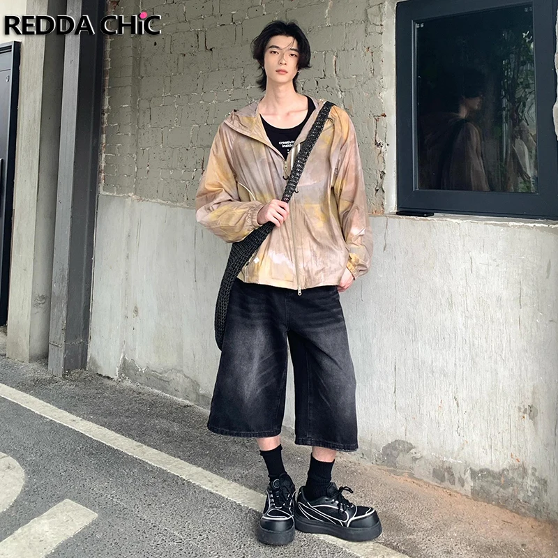 ReddaChic Black Plain Wide Leg Denim Shorts Men Trousers Whiskers Distressed Low Waist Baggy Jeans Jorts Casual Vintage Clothes