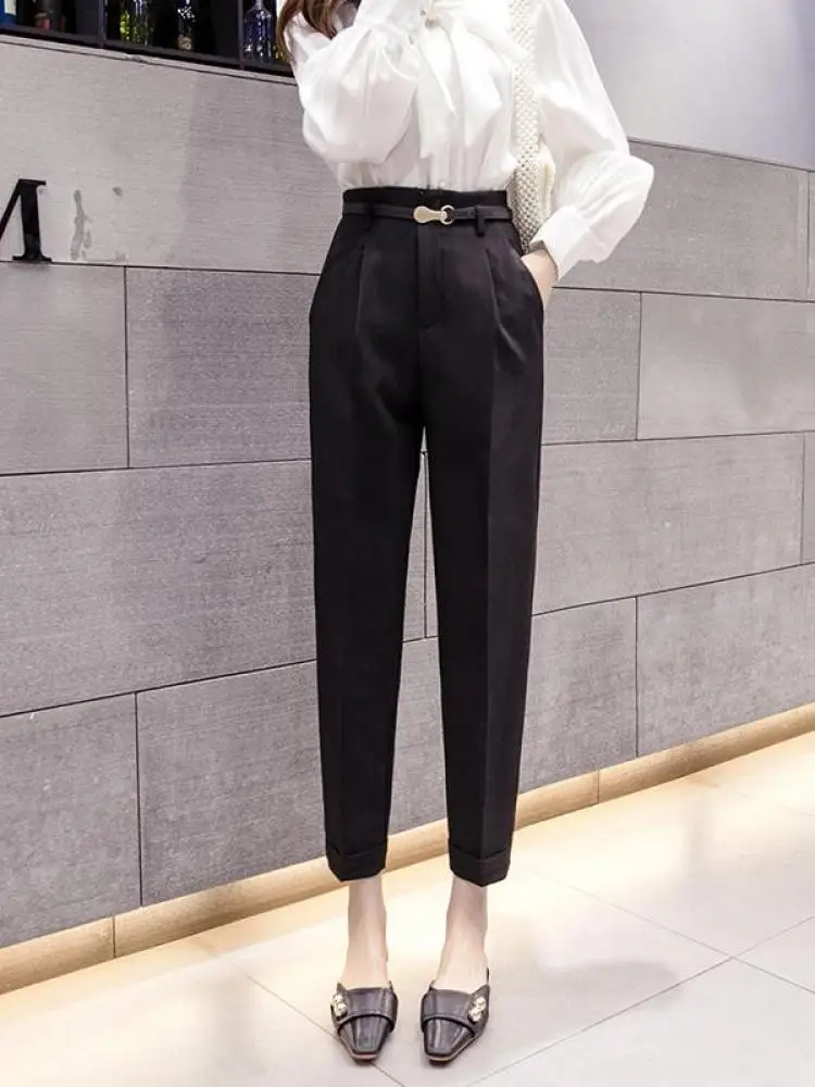 

Spring Summer Korean Fashion Women Black Beige Grey High Waist Office Ladies Pleated Ankle-length Pants Trend Streetwear Popular
