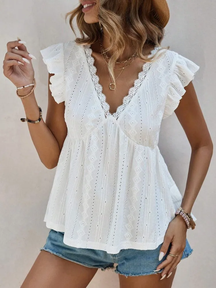 

New 2025 Summer Sexy Beach Style White Shirts Women Fashion Hollow Out Ruffles Short Sleeve Loose Blouses Casual Deep V-Neck Top