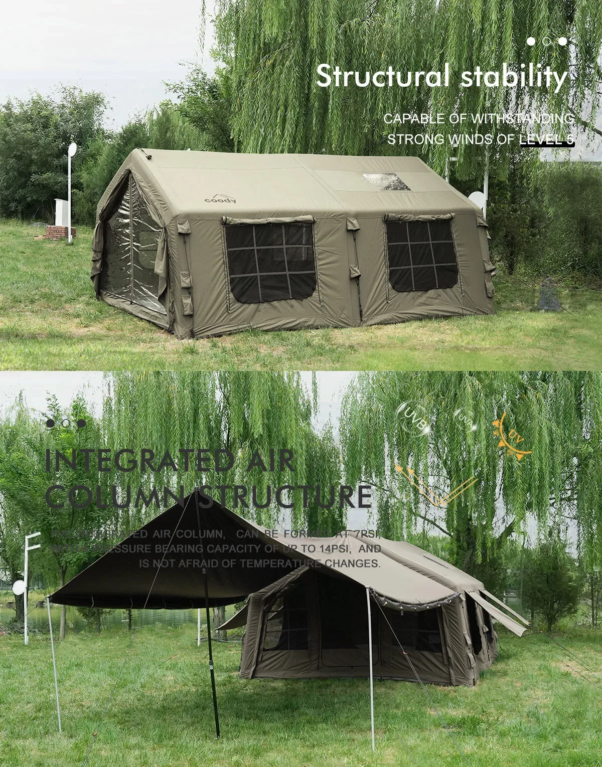 New Air Tent 17.28 Square Meters Inflatable UV Protection Waterproof Camping Outdoor PVC & Cotton Fabric Portable Camp Tent