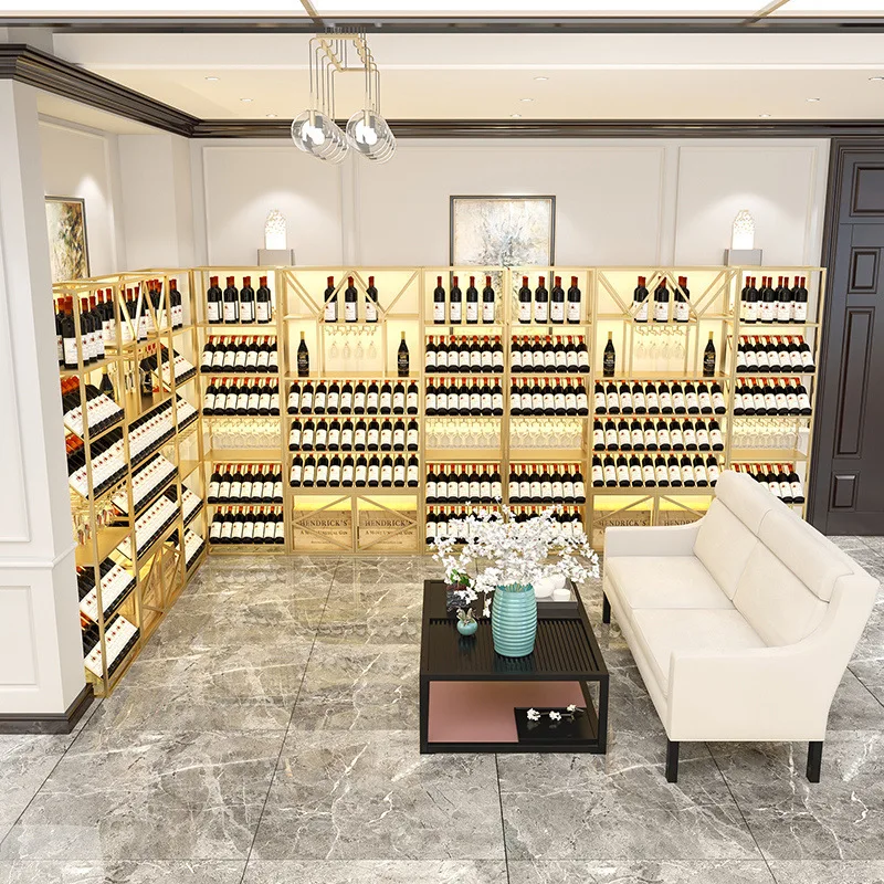 Personalizado nórdico moderno restaurante carenagem ferro forjado display armário de vinho prateleira de chão luminosa rack de vinho