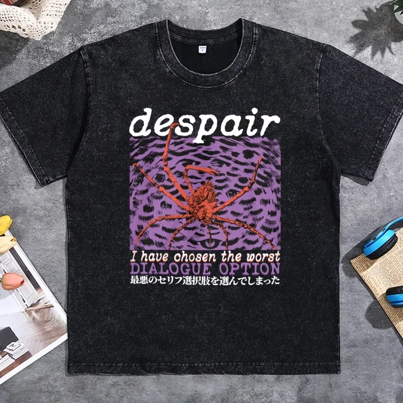 Despair Crab Funny T-Shirt Vintage Japanese T Shirt Men Women Cotton Short Sleeve Printed Tshirts Vintage Washed Streetwear
