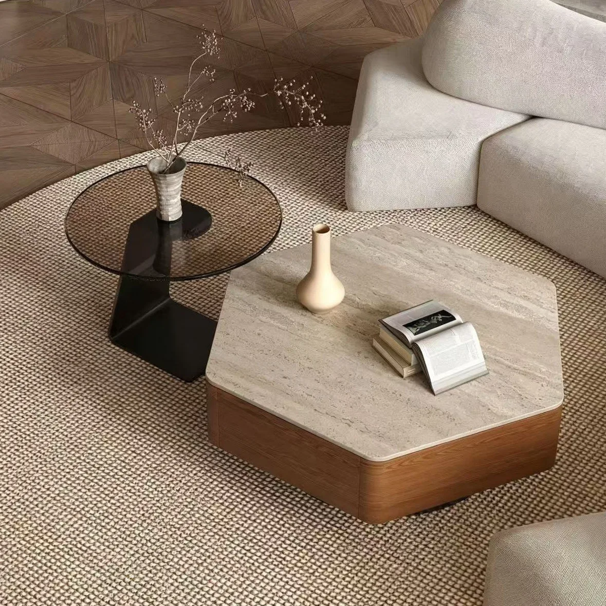 HYS used wabi-sabi style coffee table for living room, square new small apartment, vintage premium hexagonal combination