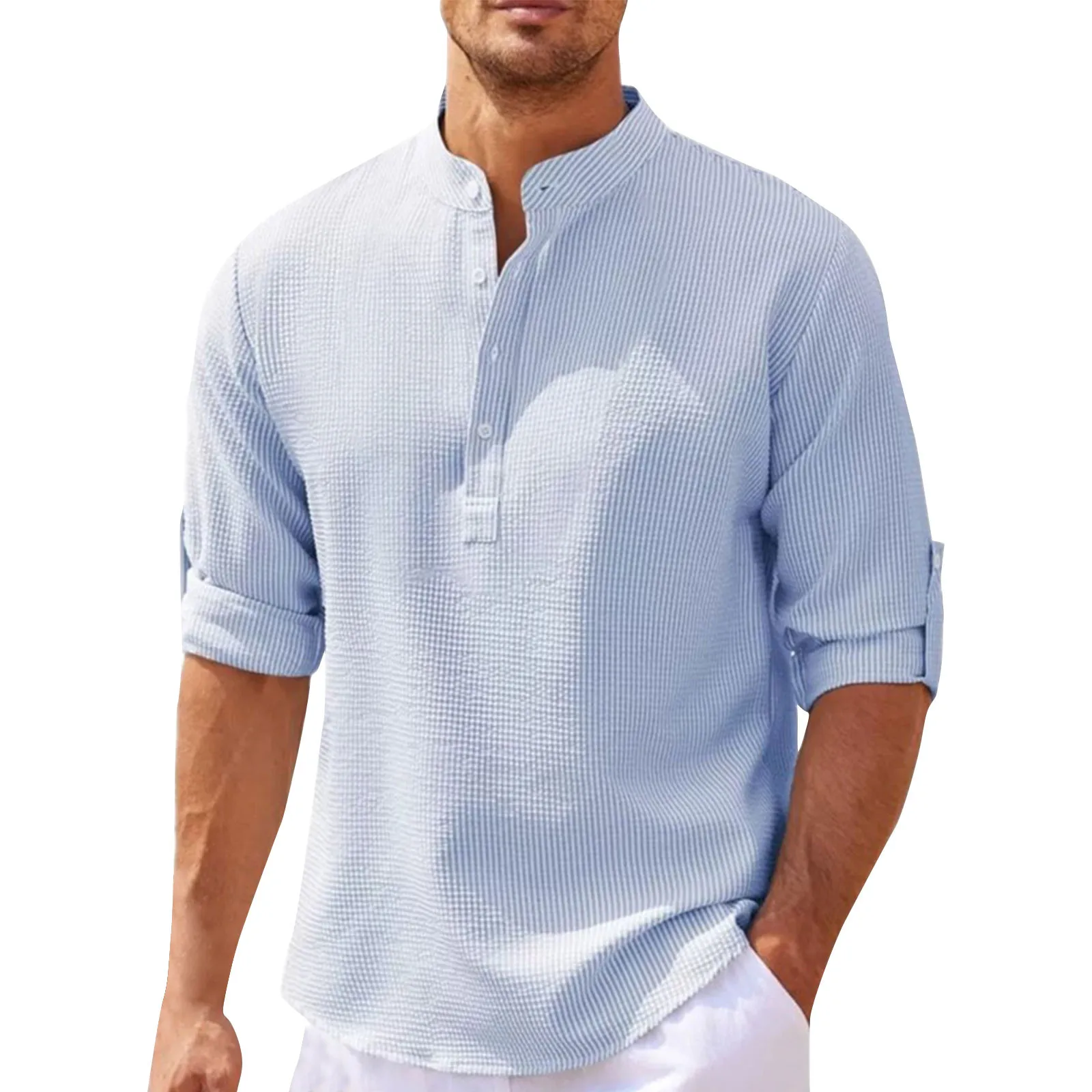 

Men'S Long Sleeved Shirt Top Causal Small Stand Up Collar Open Button Regular Shirts Spring Autumn Basic Simple Solid Tops