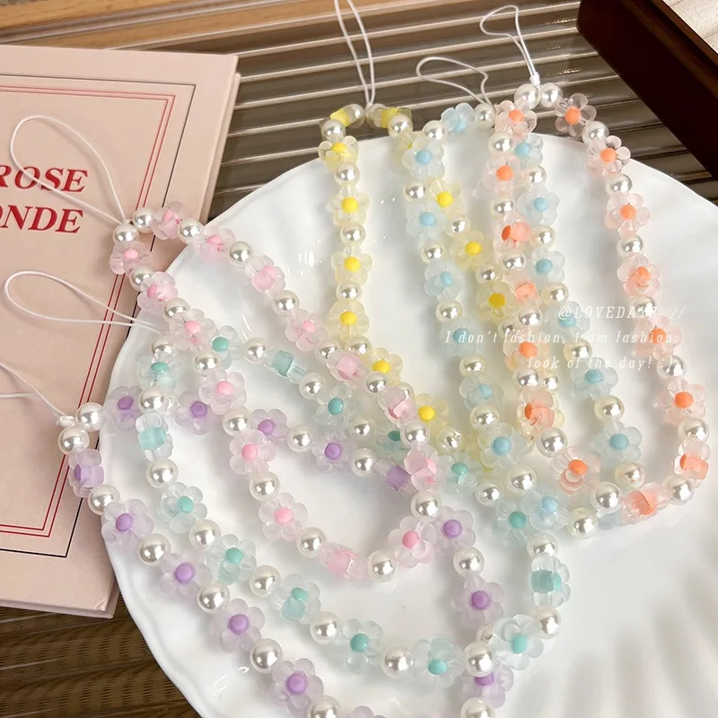 Colorful Resin Flower Pearl Bead Cell Phone Chain for Creative Phone Case Pendant Lovely Pearl Bead Phone Strap