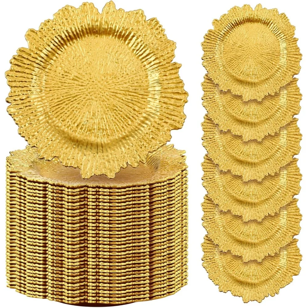 100 Pcs Reef Plates Bulk Wedding Chargers Plates Metallic Ruffled Rim for Wedding Party, Holiday Event Supplies (Gold)