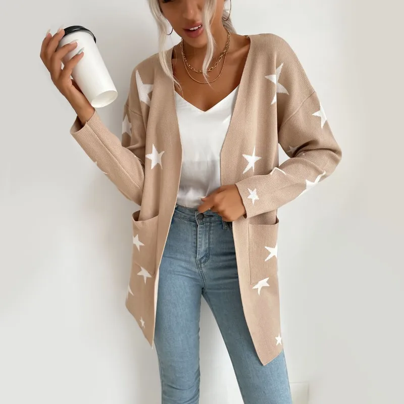 

Women's Autumn Winter New Jacquard Sweater Jaet Casual Long Sve Mid-Length Open Cardigan Ultra-Thin Nylex Fabric