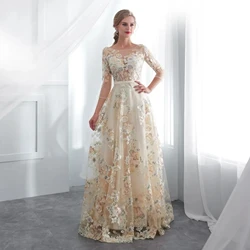 Customized Floral Prom Dresses Lace 3/4 Sleeves A-line Champagne Belt Empire Waist Long Evening Gowns Vestido De Formatura