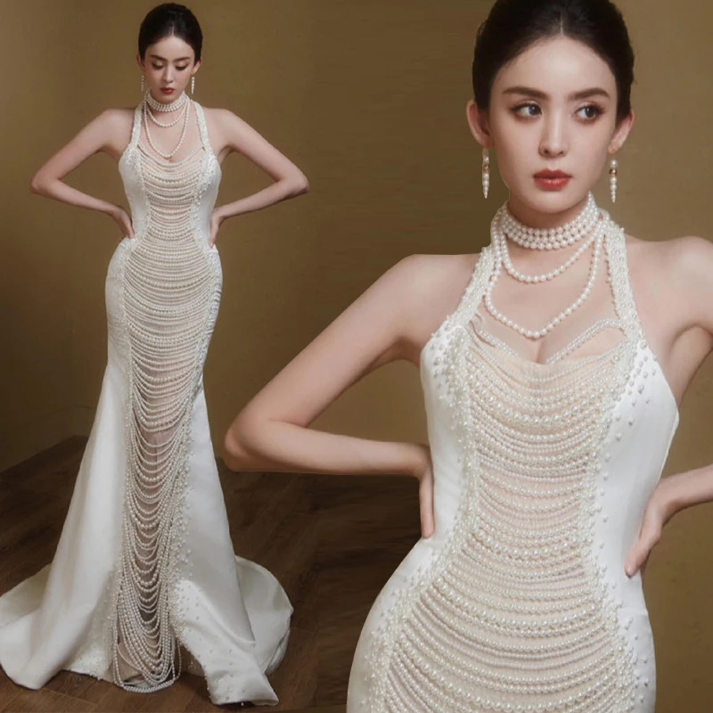 

Ele Evening Gown Women's 2025 New High-End Year Conference Luxury Fi Tail Host Dr Faionable Zipper Sle Beaded...