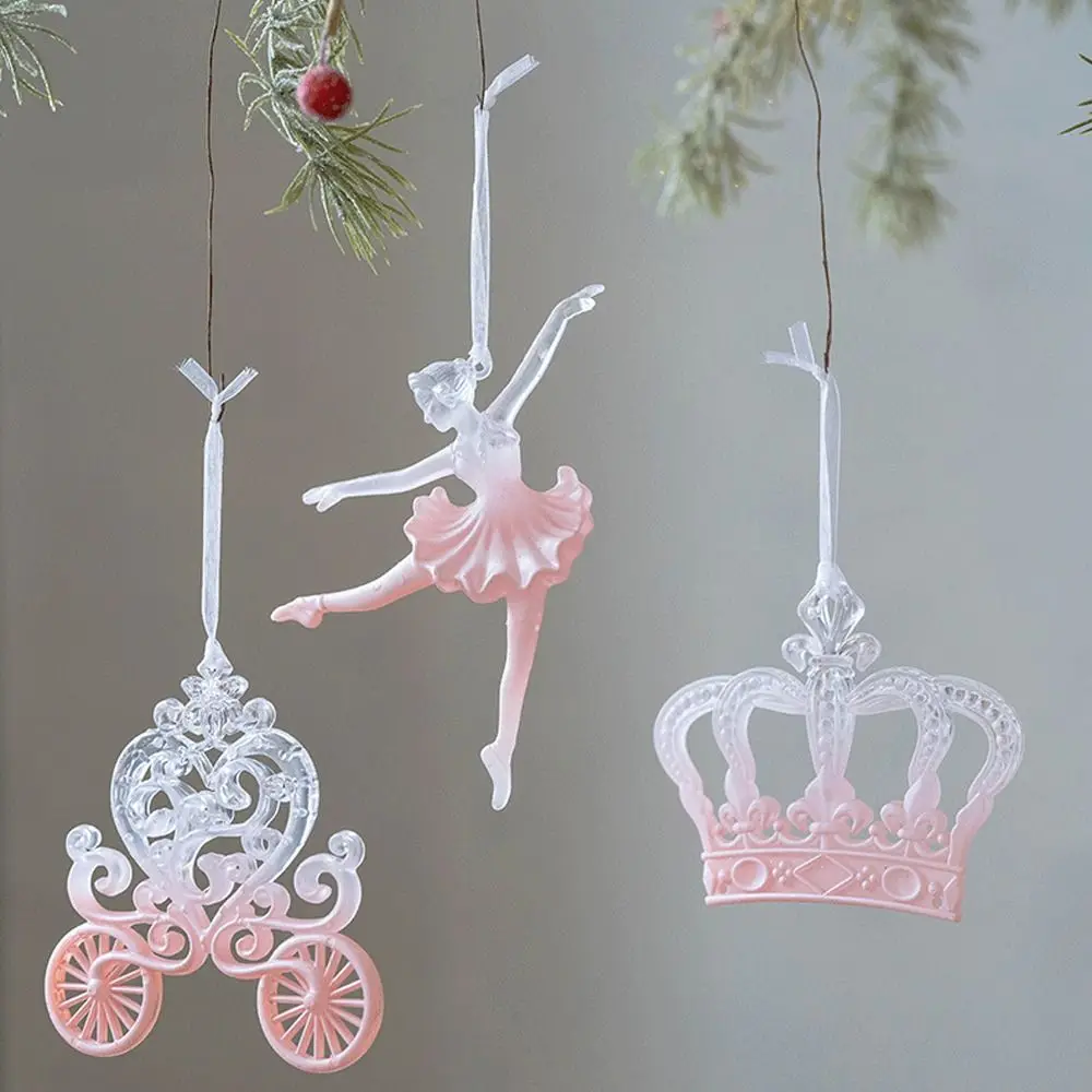 2pcs Pink Transparent Christmas Snowfall Deer Pendant Crown Girl Key Cartoon Xmas Tree Hanging Ornaments Elegant Plastic