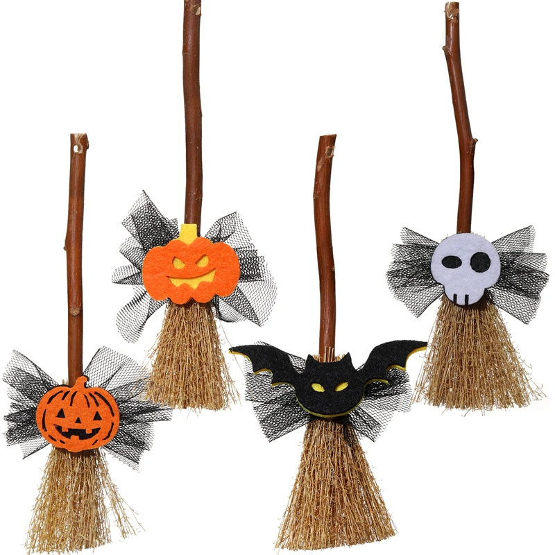 5PCS Halloween 15cm Mini Witch Broom Halloween Decorative Accessory Party Ornament Ghost Festival Supplies Pumpkin Bat Skeleton