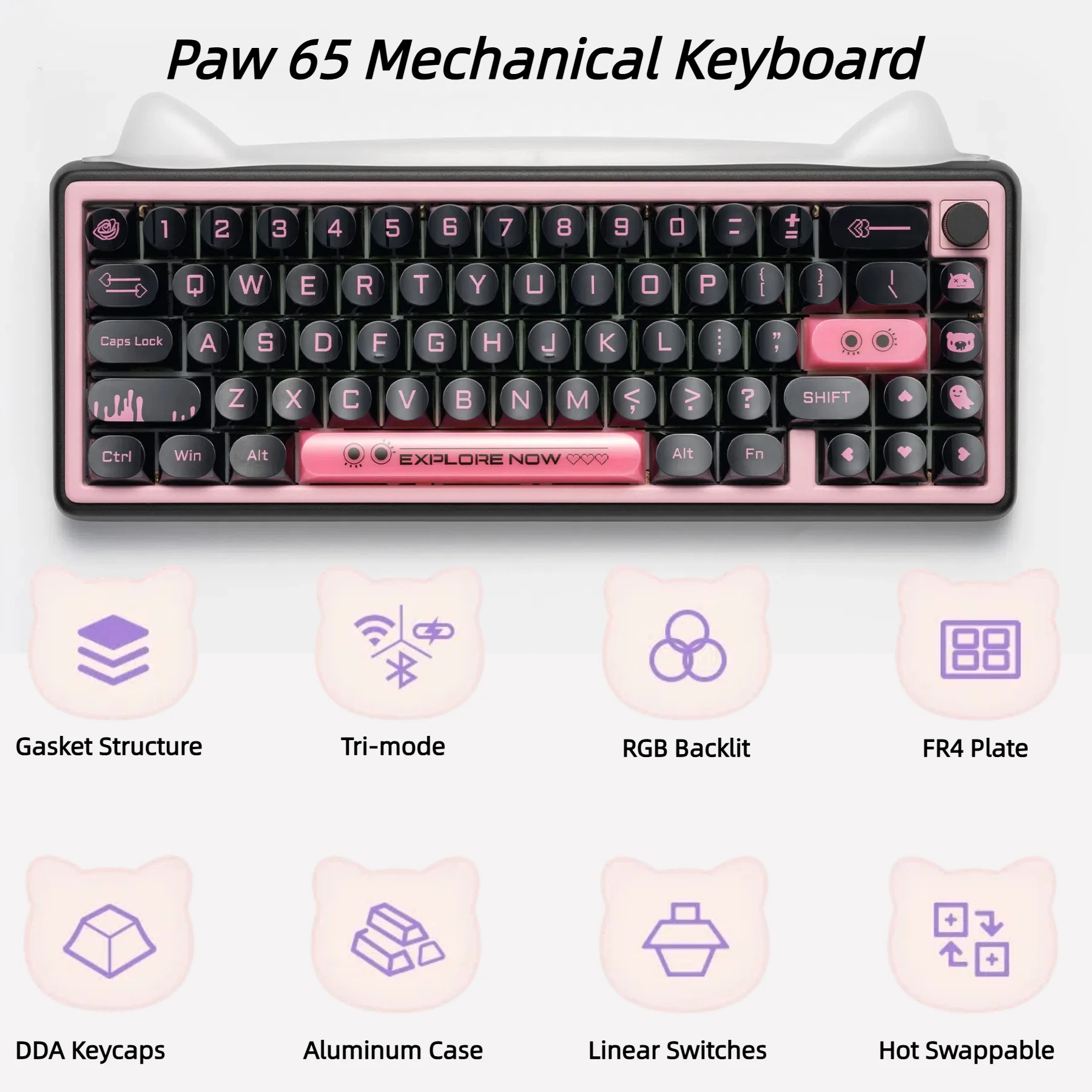 Chilkey Paw 65 Mechanical Keyboard, Tri-mode Flex Cut PCB Wireless Gaming Keyboard, Multifunctional Knob Bluetooth Keyboards