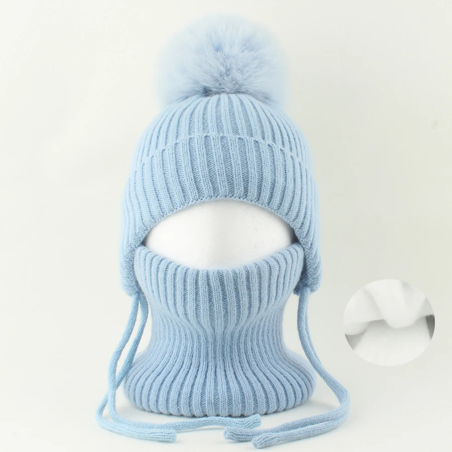 Winter-Wollmütze mit Nackenschutz 2-teiliges Set Echte Fuchsfell-Mütze für Kinder Jungen Mädchen Dicke Fleece Warme Gestrickte Gestreifte Ohrenklappe Baby Skullies Mütze – Detail 29