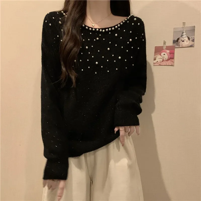 Gagaok Elegant Round Neck Pullover Sweaters Women Off Shoulder Pearl Long Sleeve Top Casual Slimming Sweater Pull Femme