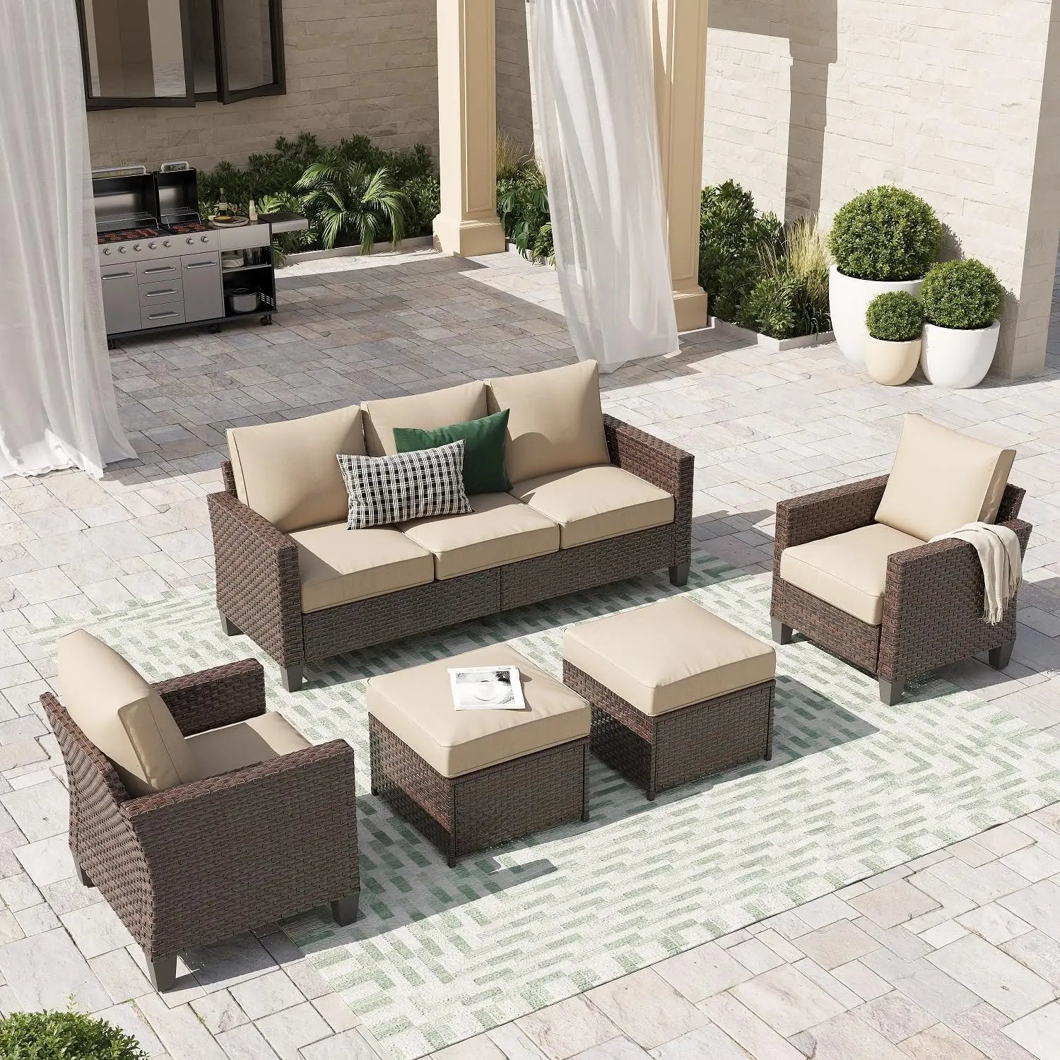 

Outdoor Patio Furniture Set 5 Piece Wicker Conversation Set with Ottoman 3 Seat Sofa Couch with Club Chair