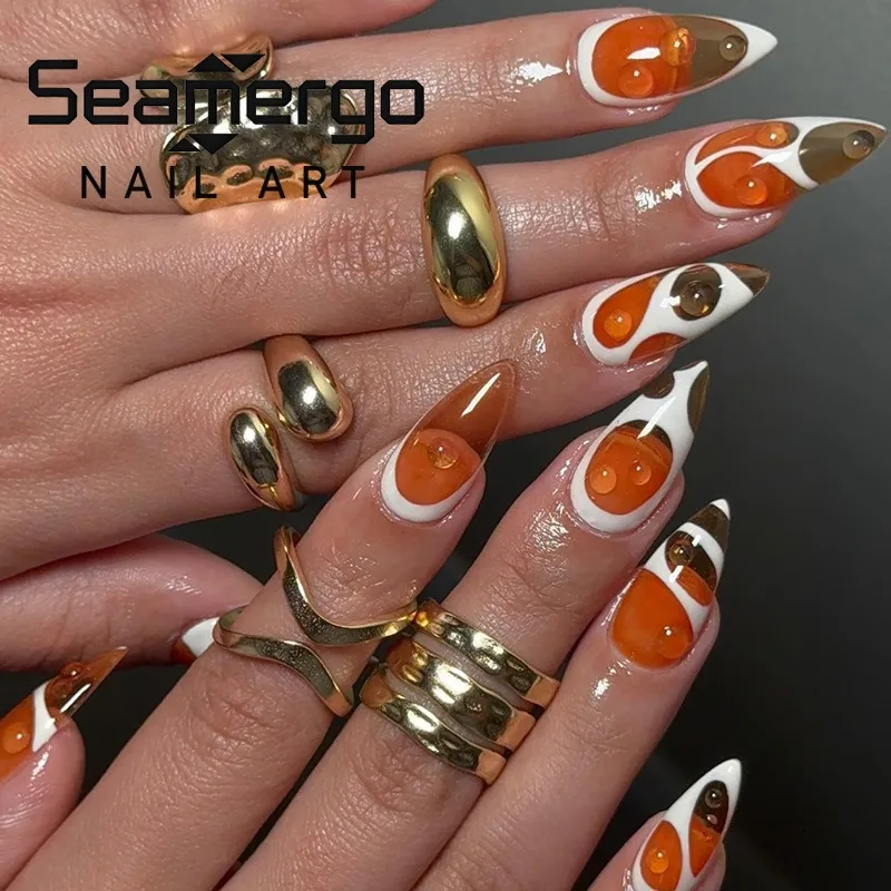 

24PCS Vibrant Orange Almond Stick on False Nails with Glue White Stripes French Fake Nails Sweet Cool Bubble Ins Nails Press On