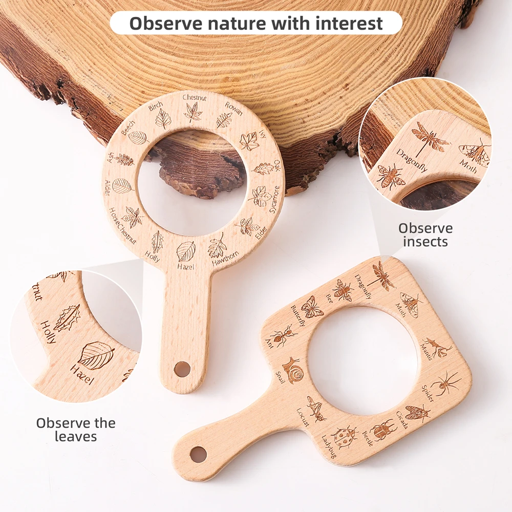 Wooden Nature Explorer Magnifying Glass Round Leaf Pattern Square Insect Design Toys for Kids Outdoor Discovery Toy for Kids