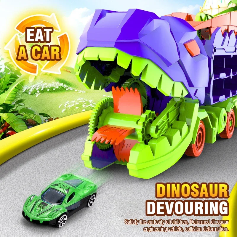 Transport dinosaure camion transporteur pliable coulissant 25 pouces piste de course se transforme en forme debout avec 4/12 voitures moulées sous pression jouet enfant