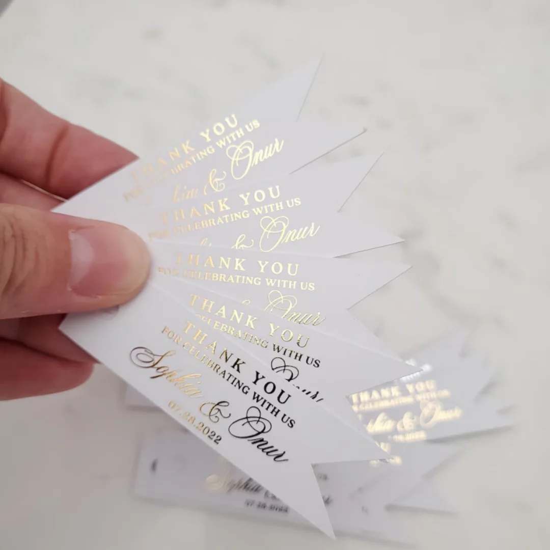 

50pcs Custom Wedding Favor Gold Foiled Thank you for celebrating with us Tags Personalized Gift Bags Hang Tags Wedding Thank you