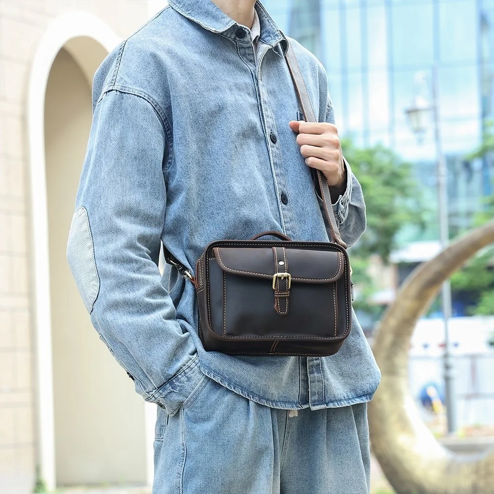 Vintage verrückte Pferd Leder Männer Umhängetaschen kleine Messenger für 7.9 "iPad Rindsleder Cross body Casual Tote Handtasche