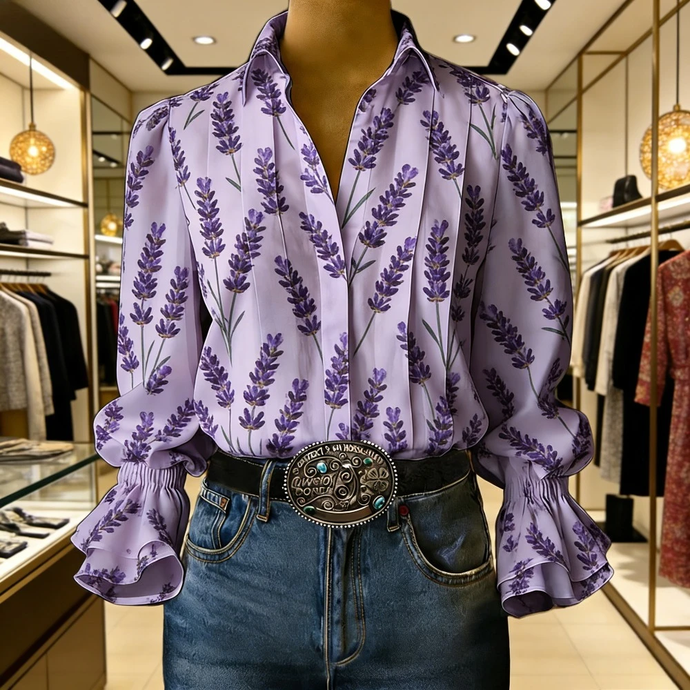 

​Elegant Lavender Print Women's Blouse V-Neck Press-Pleated Flared Sleeve Office Shirt Chic Minimalist Workwear Casual Shirts