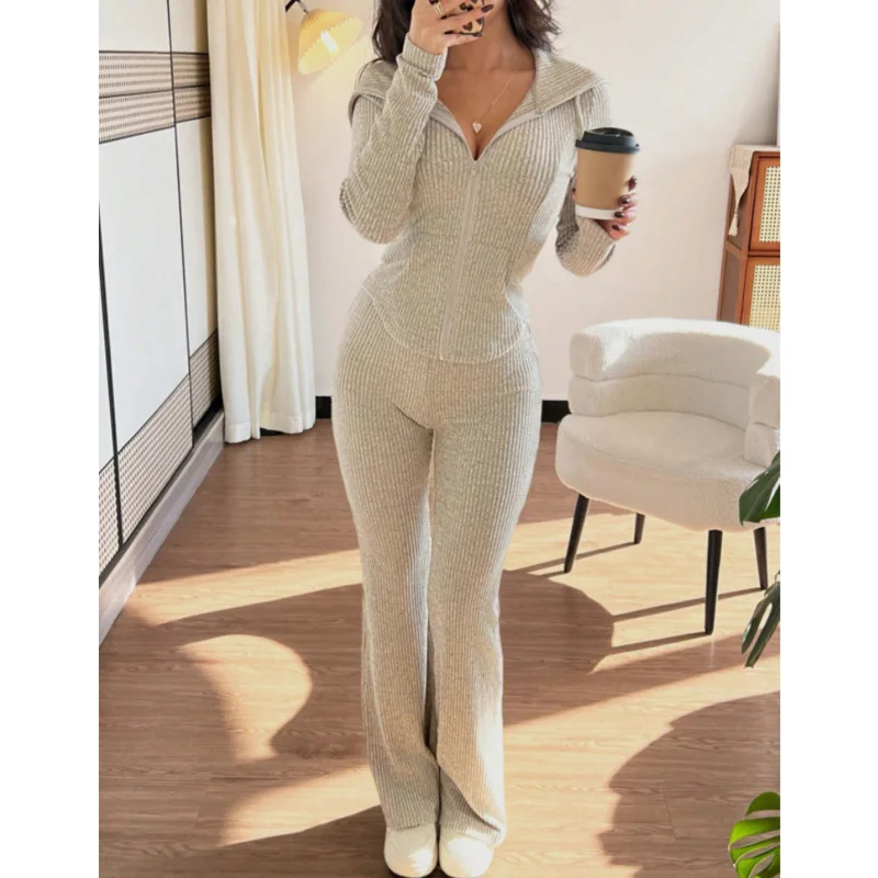 2025 بلون عادية سليم المرأة قطعتين مجموعات أنيقة الخريف كامل بنطلون مجموعة الإناث السراويل مجموعات الزي الملابس #3