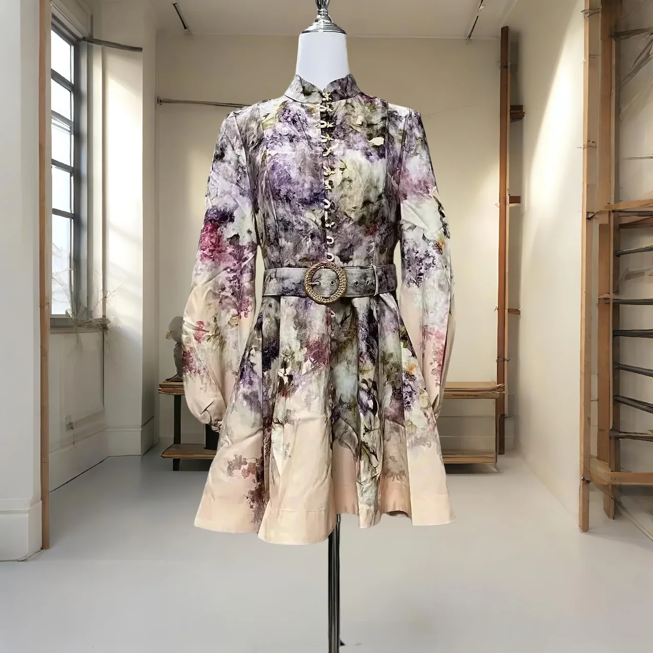 

，，Floral Stand Collar Long Sleeve High Waist Linen Lantern Sleeve Short Casual Vacation Dress for Women