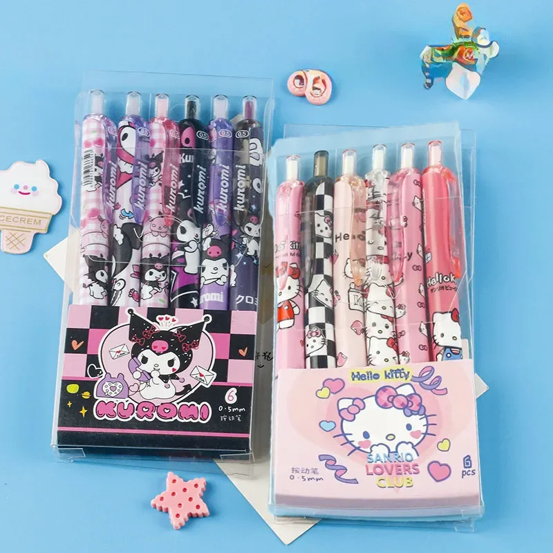 6Pcs Hello Kitty Sanrio Gel Pen Kuromi Cartoon Quick Drying Pressing Signature Pen 0.5mm Black Ballpoint Pen Stationery Prize