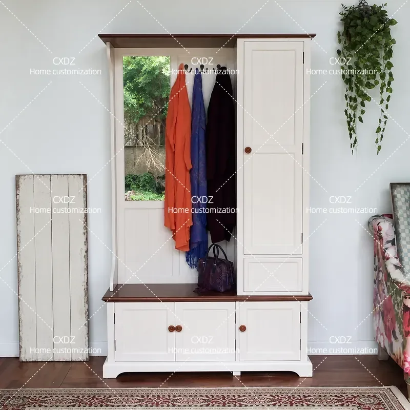 Rustic Entryway Storage Cabinet with Shoe Rack Coat Hooks and Bench Antique Style Foyer Furniture for Clothes Hats and Shoes
