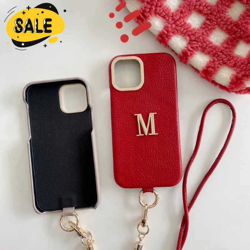 

Leather Custom Name Gold Initials Phone Case for Iphone 16 15 14 Pro Max 15 16 Plus Simple Design Protector Cover