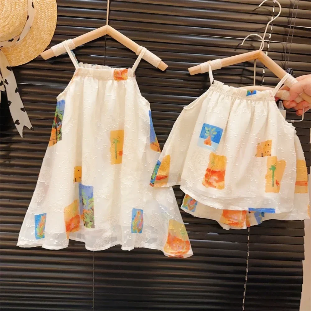 Summer New Korean Version Plain Girls Clothes Sweet Decoration Simple Children's Clothing Camisole Top+shorts Two-piece Set