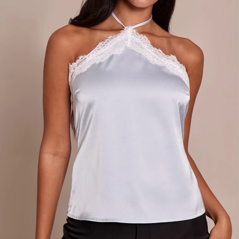 

Womens Lace Trim Backless Cami Top Y2k Sexy Silk Satin Sleeveless Halter Neck Top Elegant Lady Fashion Going Out Crop Tops