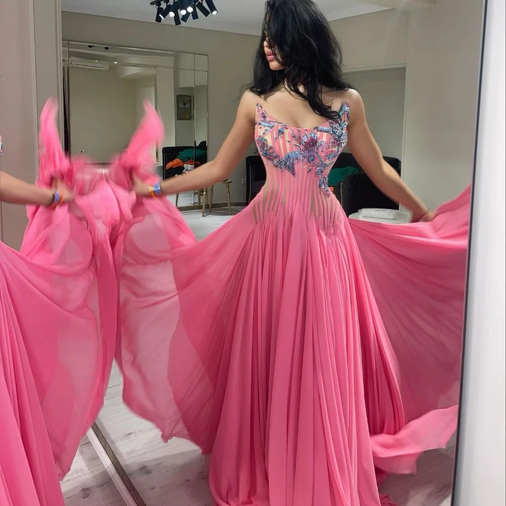 Vestidos de baile colher pescoço uma linha sem mangas contas rosa ocasião formal vestidos de noite elegantes para mujer