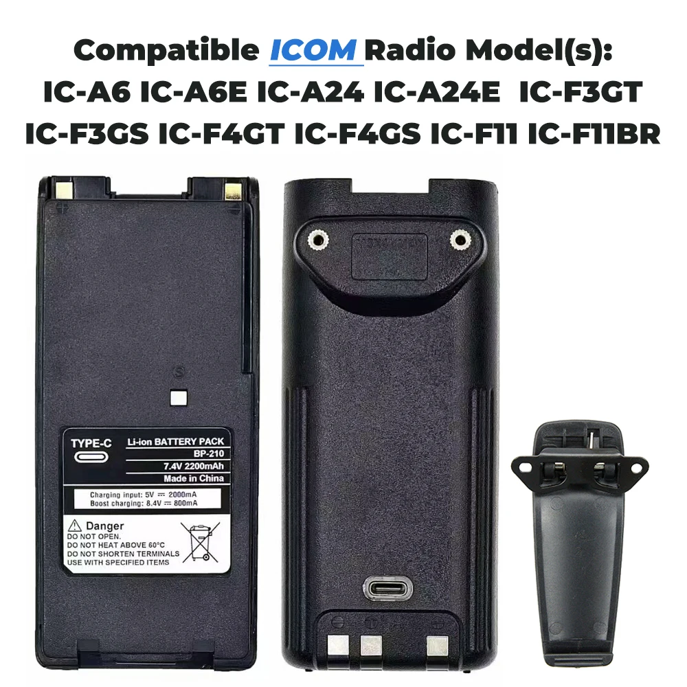 BP-210 Battery 2200mAh Support Type-C Charging For Walkie Talkie ICOM IC-F11 IC-F21 IC-V8 IC-A6 IC-A24 Radio Li-ion Battery