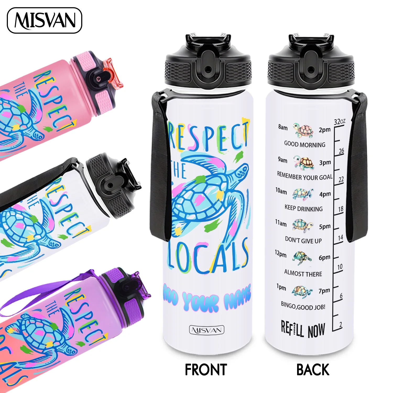 

1PC,Customization Name 32oz Water Bottle,Respect The Locals Turtle Art Print,Encourage Daily Hydration,for Gym Outdoor Cycling