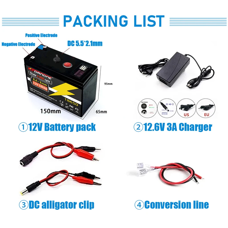 🔋12V Battery 120Ah 18650 Rechargeable Li-Ion Lithium Battery Built-in 5V 2.1A Usb Power Display Port Charger+12.6V 3A charge
